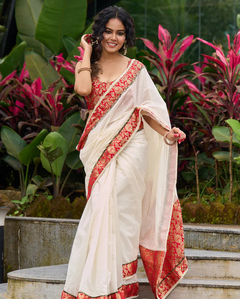 Ivory elegance with royal Red Banarasi border