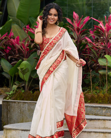Ivory elegance with royal Red Banarasi border