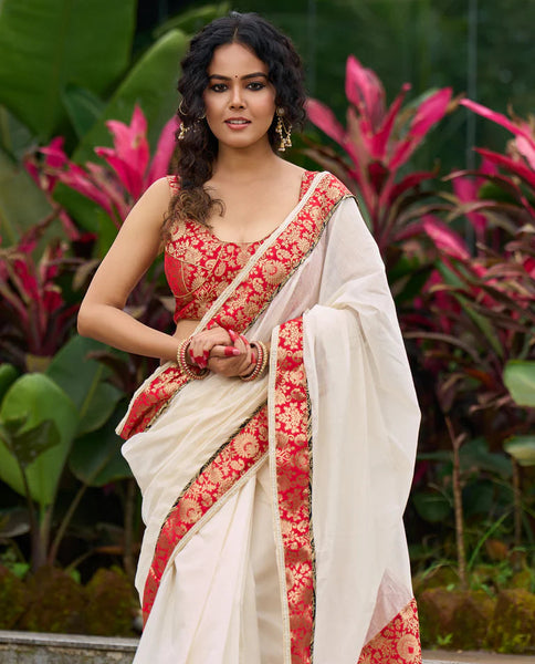 Ivory elegance with royal Red Banarasi border