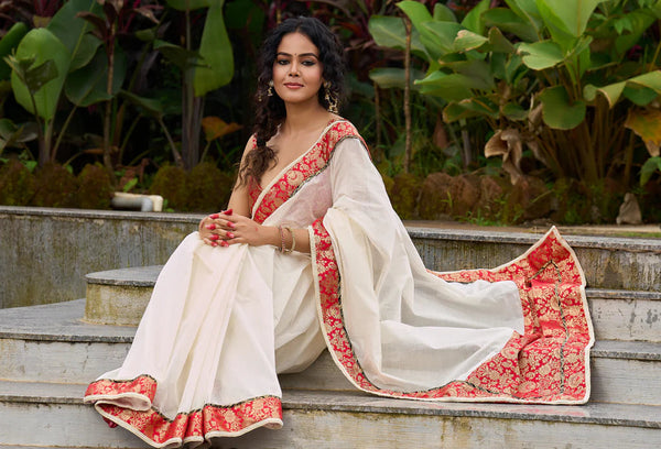 Ivory elegance with royal Red Banarasi border