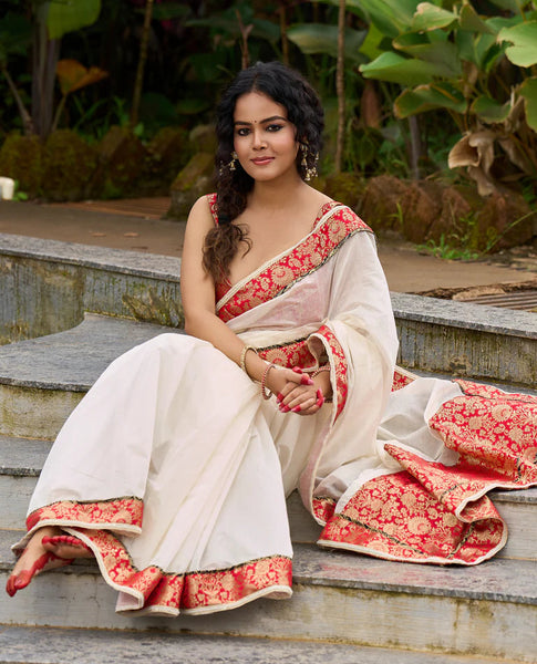 Ivory elegance with royal Red Banarasi border