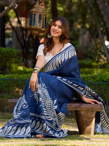 Artisan Blue Pure Silk Saree featuring Bold Hand Batik Work