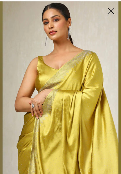 Mustard Green Satin Embellished Saree With Stone Work