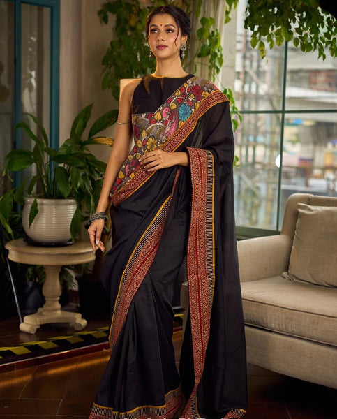 Black Cotton Saree with Ajrakh Print & Kalamkari Painted Border
