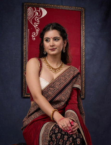 COMBINATION OF BLOCK PRINTED COTTON AJRAKH PLEATS & PURE TASSAR SILK SAREE WITH AJRAKH BORDER