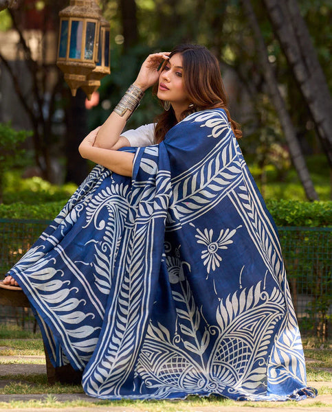 Artisan Blue Pure Silk Saree featuring Bold Hand Batik Work