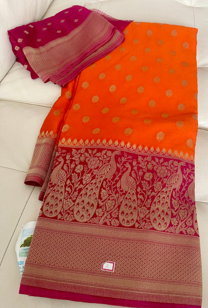 Orange and Rani Hot Pink Crepe Banarasi Silk Saree