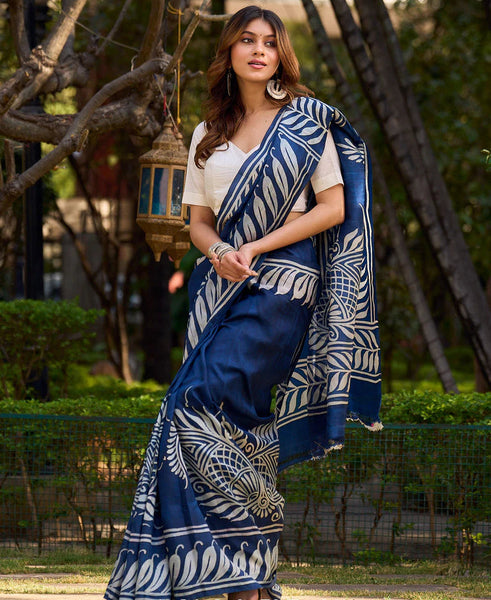Artisan Blue Pure Silk Saree featuring Bold Hand Batik Work