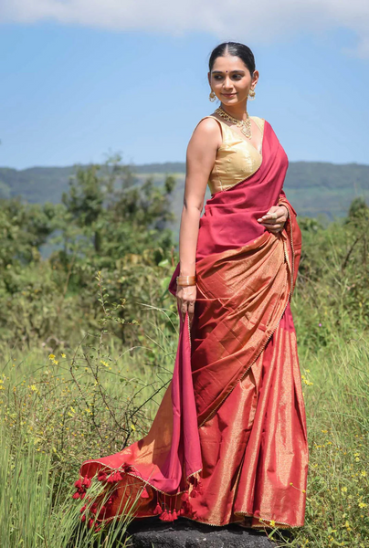 Maroon and gold half-and-half saree with Gota patti and Samosa lace
