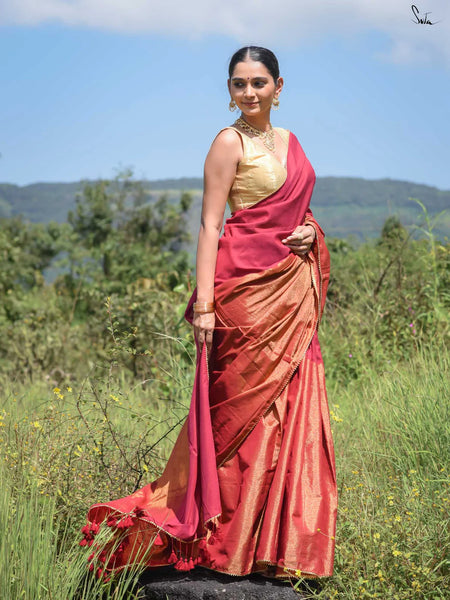 Maroon and gold half-and-half saree with Gota patti and Samosa lace