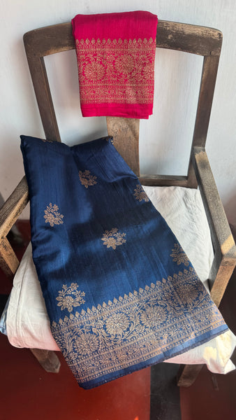 Deep Blue Banarasi Tussar Silk Saree with Antique Zari!