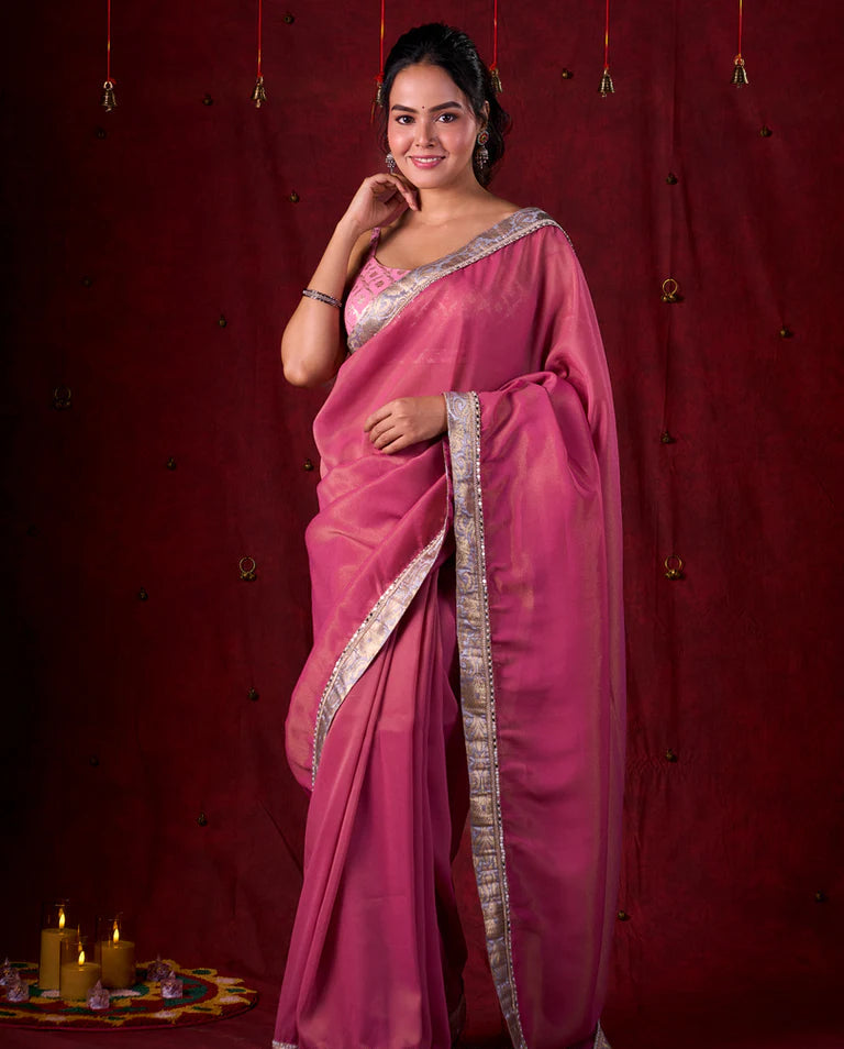 Pink Tissue Saree with Grey Brocade Border & Mirror Lace Detailing