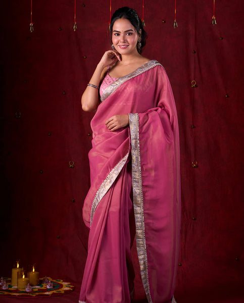 Pink Tissue Saree with Grey Brocade Border & Mirror Lace Detailing