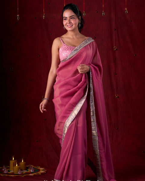 Pink Tissue Saree with Grey Brocade Border & Mirror Lace Detailing