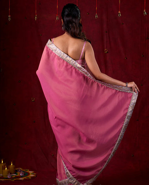 Pink Tissue Saree with Grey Brocade Border & Mirror Lace Detailing