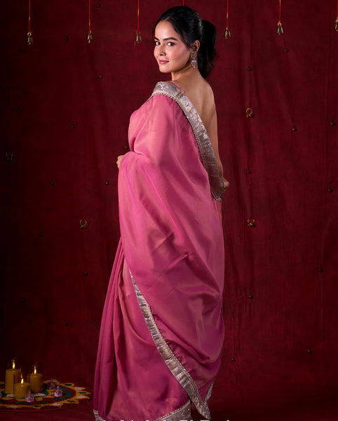Pink Tissue Saree with Grey Brocade Border & Mirror Lace Detailing
