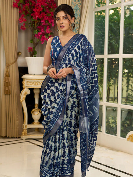 Linen mix saree in indigo hues with bold abstract block prints