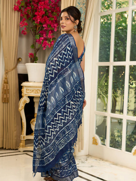 Linen mix saree in indigo hues with bold abstract block prints