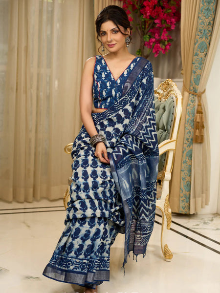 Linen mix saree in indigo hues with bold abstract block prints