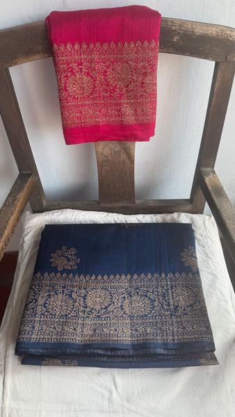 Deep Blue Banarasi Tussar Silk Saree with Antique Zari!