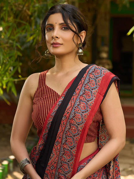 Noir Grace : Exclusive Modal Silk Saree with Red Ajrakh Border