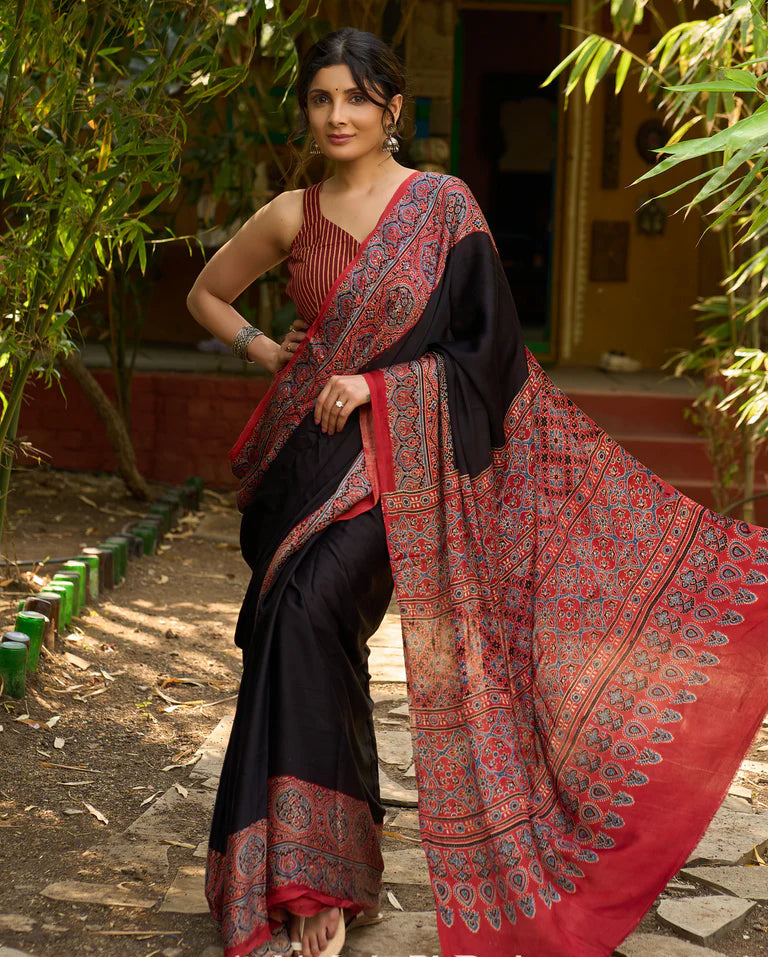 Noir Grace : Exclusive Modal Silk Saree with Red Ajrakh Border