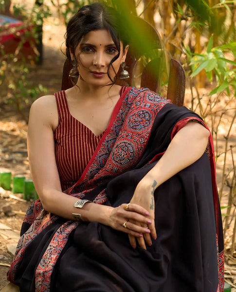 Noir Grace : Exclusive Modal Silk Saree with Red Ajrakh Border