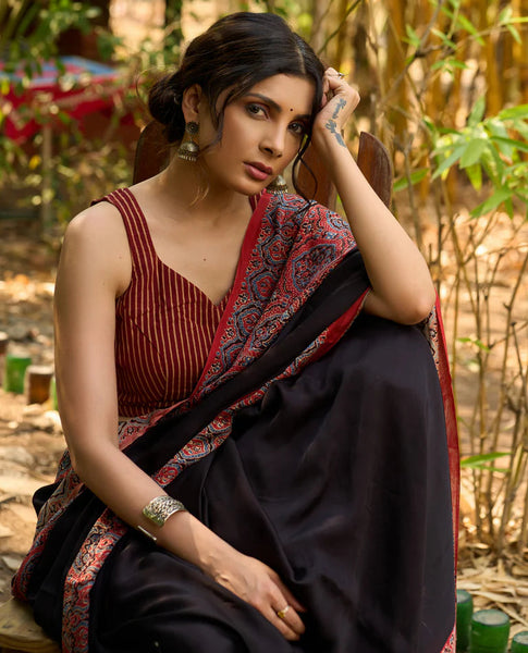 Noir Grace : Exclusive Modal Silk Saree with Red Ajrakh Border
