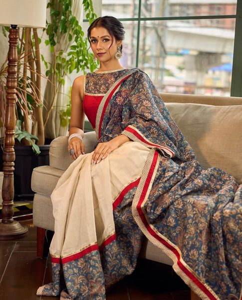 Ivory Kalamkari Floral Chanderi Saree with Red Zari-Trimmed Hem & Chevron Border Accent