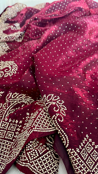Deep Maroon Silk Crepe All-Over Stone Embellished Saree