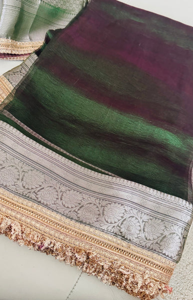 Iridescent Green Tissue Banarasi Brocade Silk Saree