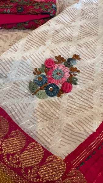 White Soft Silk Saree with French Knots and Kantha Stitch with Zari Border