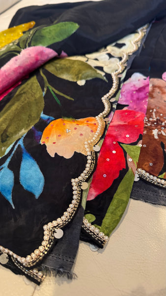 Black Multicolor Crepe digital print with pearl and Katdana borders