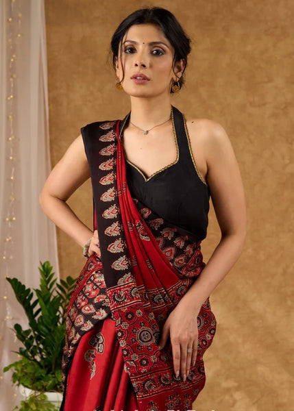 Pure Modal Silk Maroon Block Printed Saree