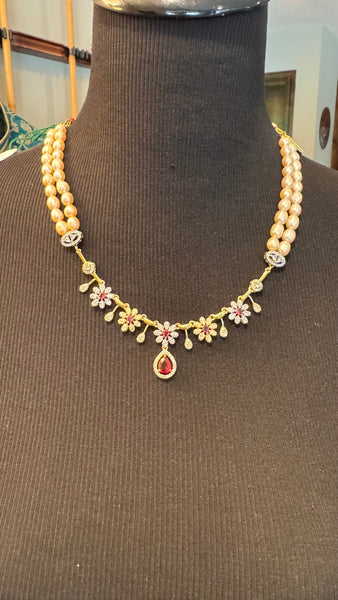 Natural Freshwater White Real Pearl Set with CZ Stonework