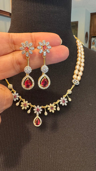 Natural Freshwater White Real Pearl Set with CZ Stonework