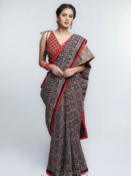 BLACK AJRAKH COTTON SAREE WITH RED BORDER