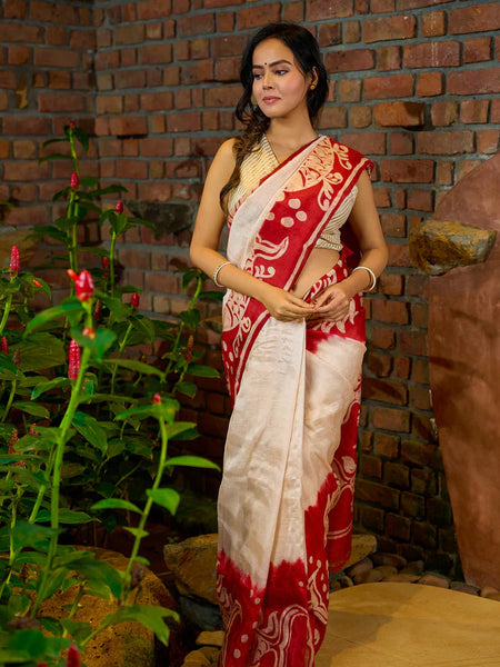 Red & Off White Batik Saree
