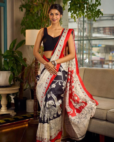Black & White Kalamkari Pure Silk Saree with Bold Red Contrast Border