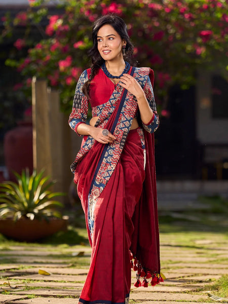 Maroon Cotton Saree with Vibrant Ajrakh Kantha Patchwork & Madhubani Border