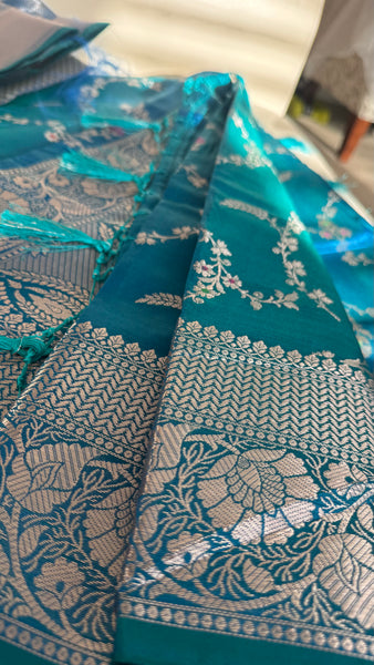 PEACOCK BLUE FLORAL SILK SAREE with SILVER ZARI BORDER