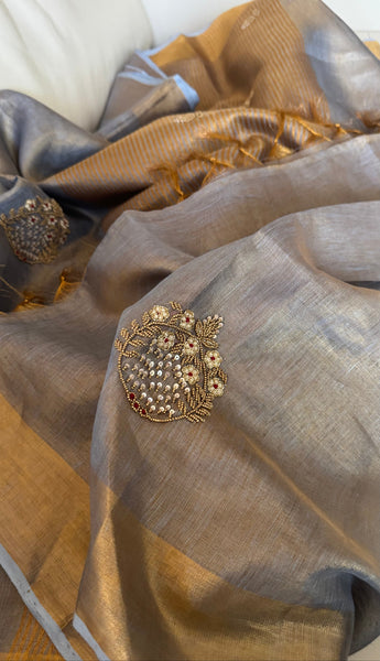 Dual Tone Grey Silver Gold Tone Tissue Linen Saree