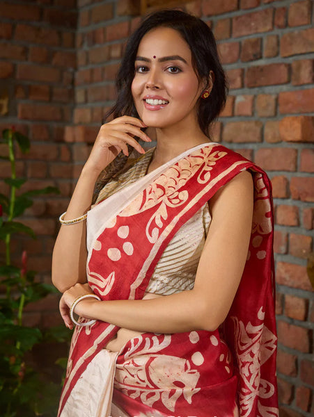 Red & Off White Batik Saree