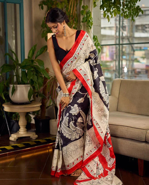 Black & White Kalamkari Pure Silk Saree with Bold Red Contrast Border