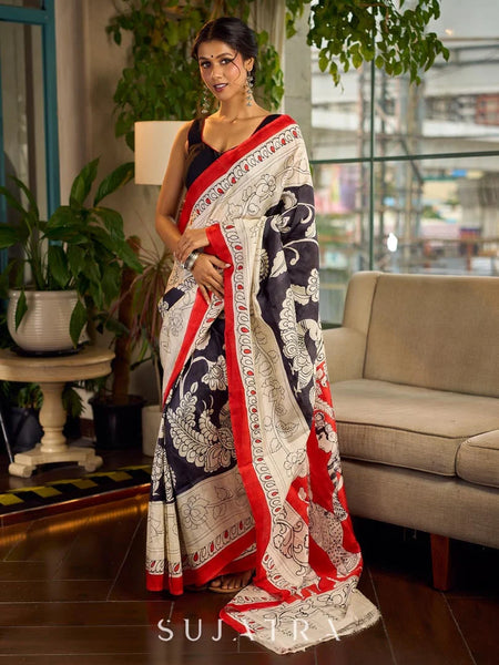 Black & White Kalamkari Pure Silk Saree with Bold Red Contrast Border
