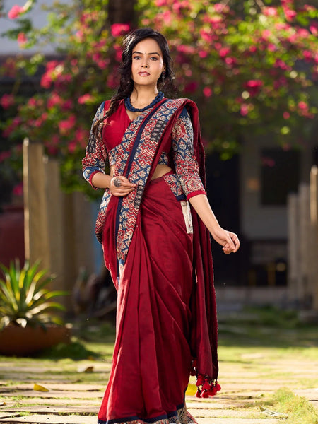 Maroon Cotton Saree with Vibrant Ajrakh Kantha Patchwork & Madhubani Border