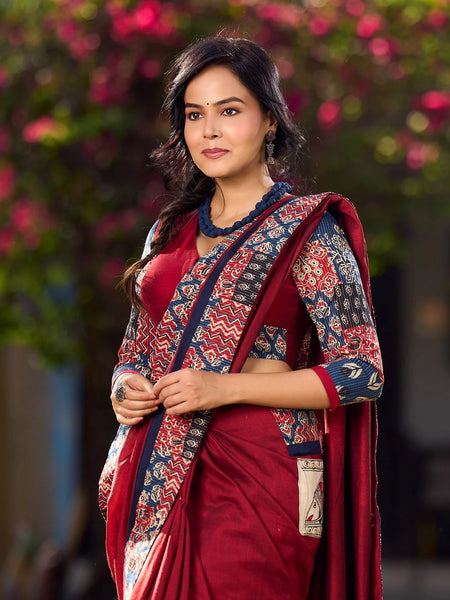 Maroon Cotton Saree with Vibrant Ajrakh Kantha Patchwork & Madhubani Border