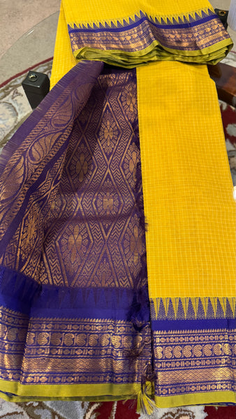 Yellow and Blue Pure Cotton Handloom Gadwal