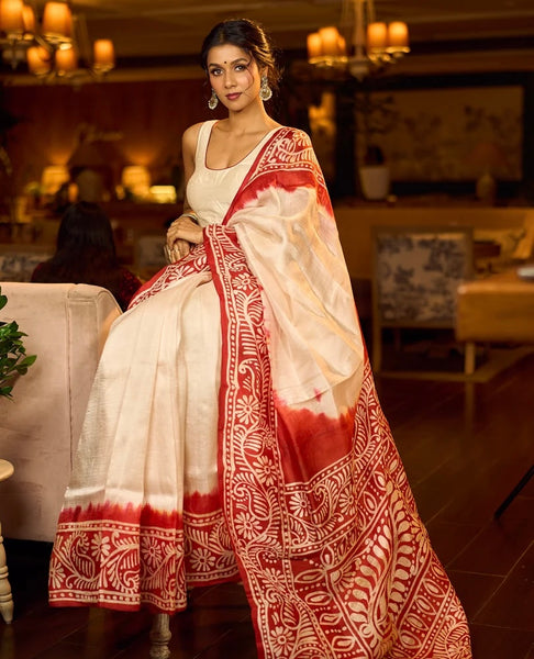 Red & Ivory Batik Saree