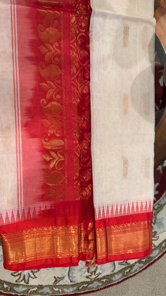 White and Red Cotton Gadwal Saree